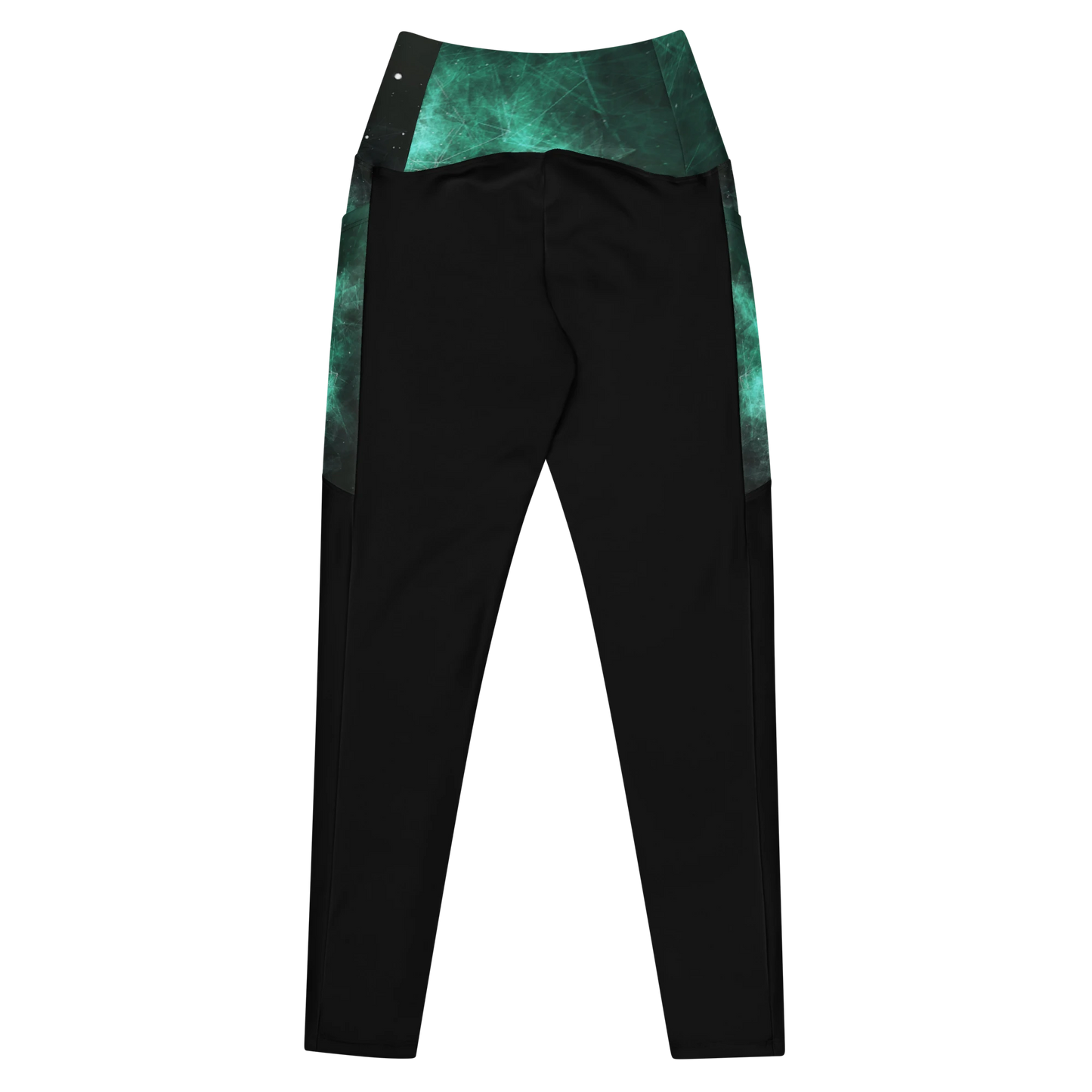 Black leggings with high waist and green tie-dye pattern on waistband and side panels.