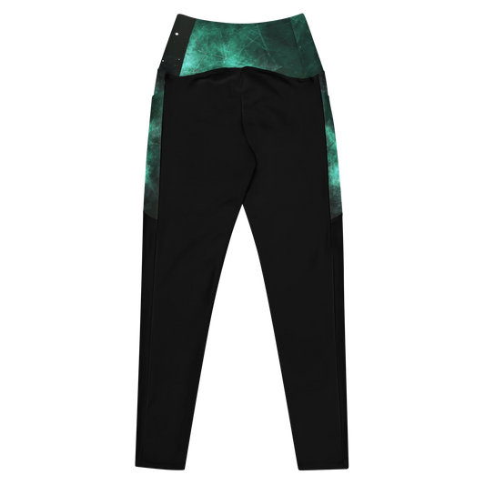 Black leggings with high waist and green tie-dye pattern on waistband and side panels.