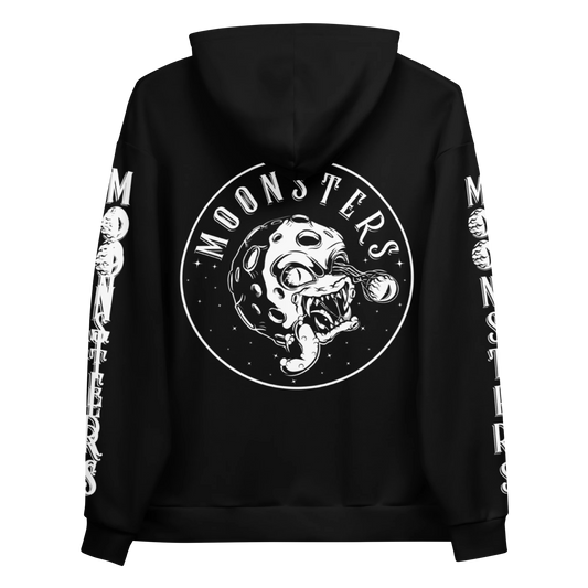 Black hoodie with a white graphic of a skull-faced astronaut and moon on the back; "MOONSTERS" text on back and sleeves.