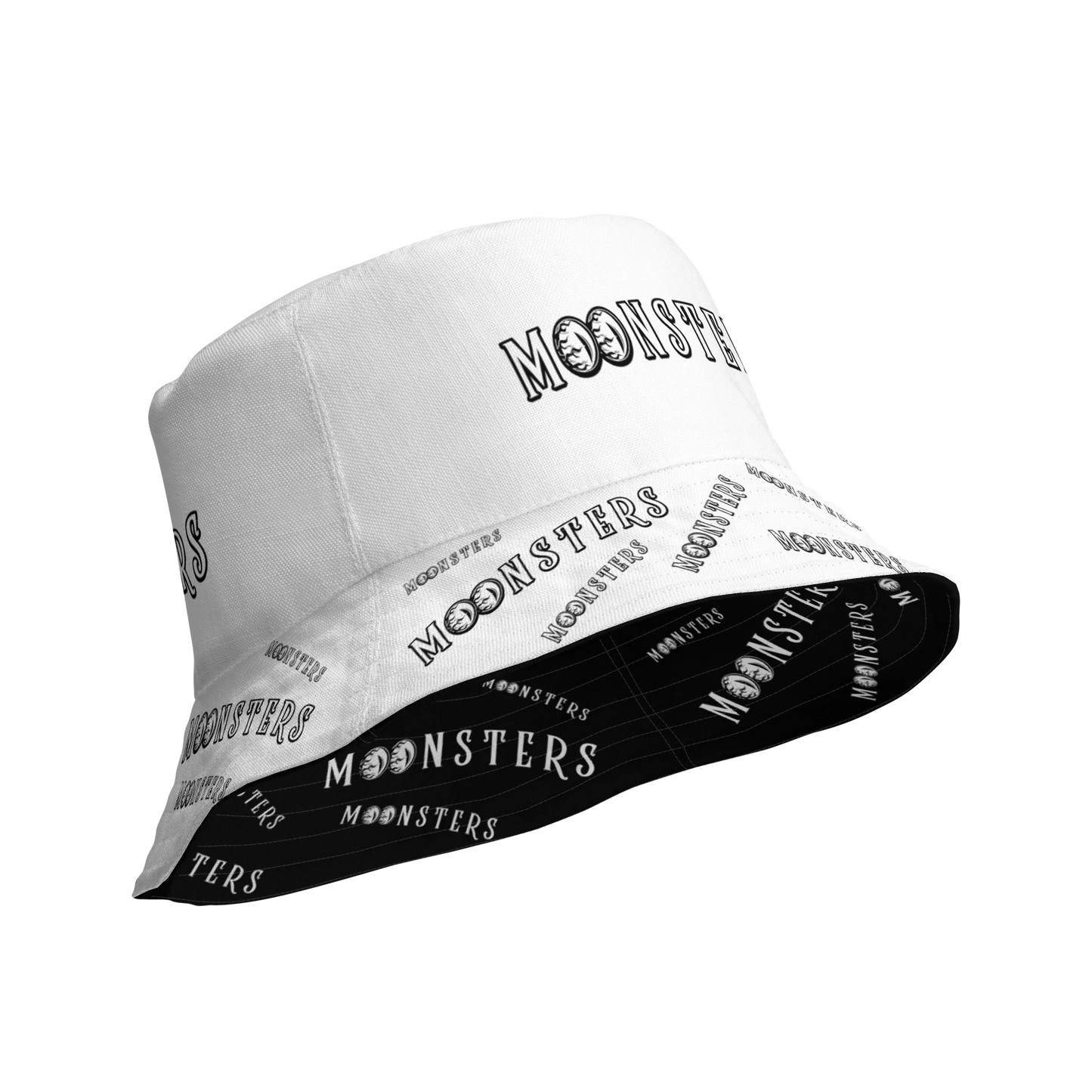 White and black reversible bucket hat with "MOONSTERS" text pattern on both sides.