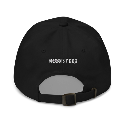 Black cotton dad cap with adjustable strap and white "MOONSTERS" text embroidery on back.