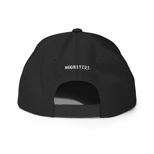 Black snapback hat with adjustable plastic strap and small white "MOONSTERS" text above the opening.