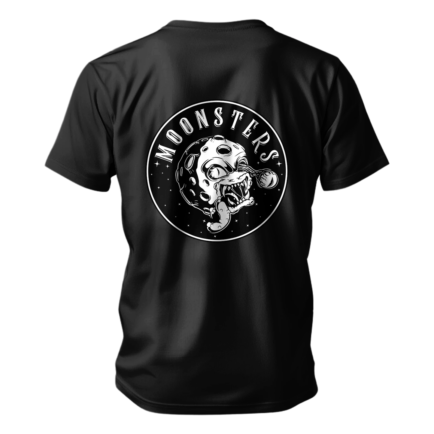 Black short-sleeve Bitcoin t-shirt with white circular graphic of a skull and text "Moonsters" on back.