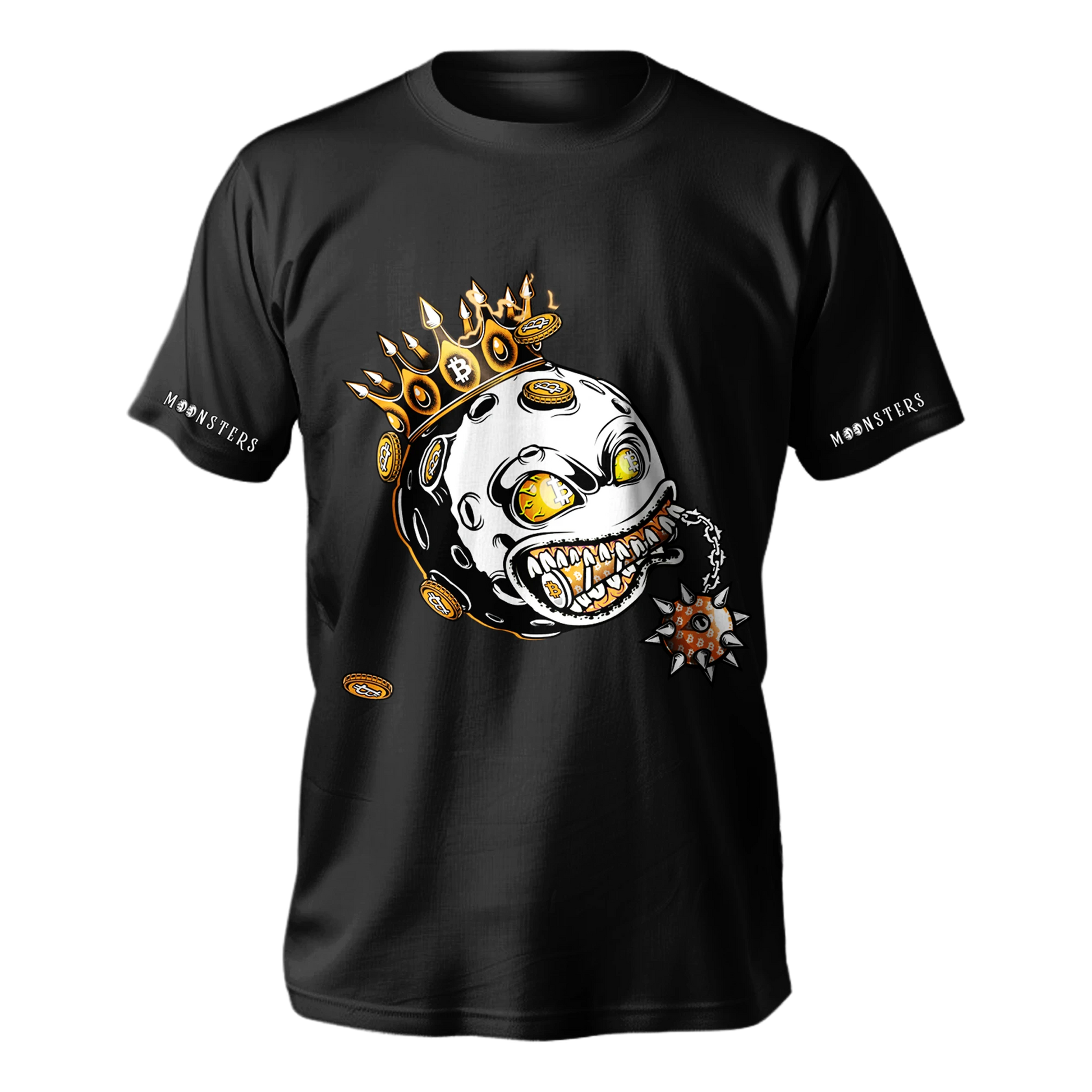 Black T-shirt with a fiery crowned Moonsters graphic featuring glowing Bitcoin eyes and a spiked ball chain design.