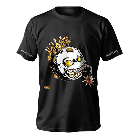 Black T-shirt with a fiery crowned Moonsters graphic featuring glowing Bitcoin eyes and a spiked ball chain design.