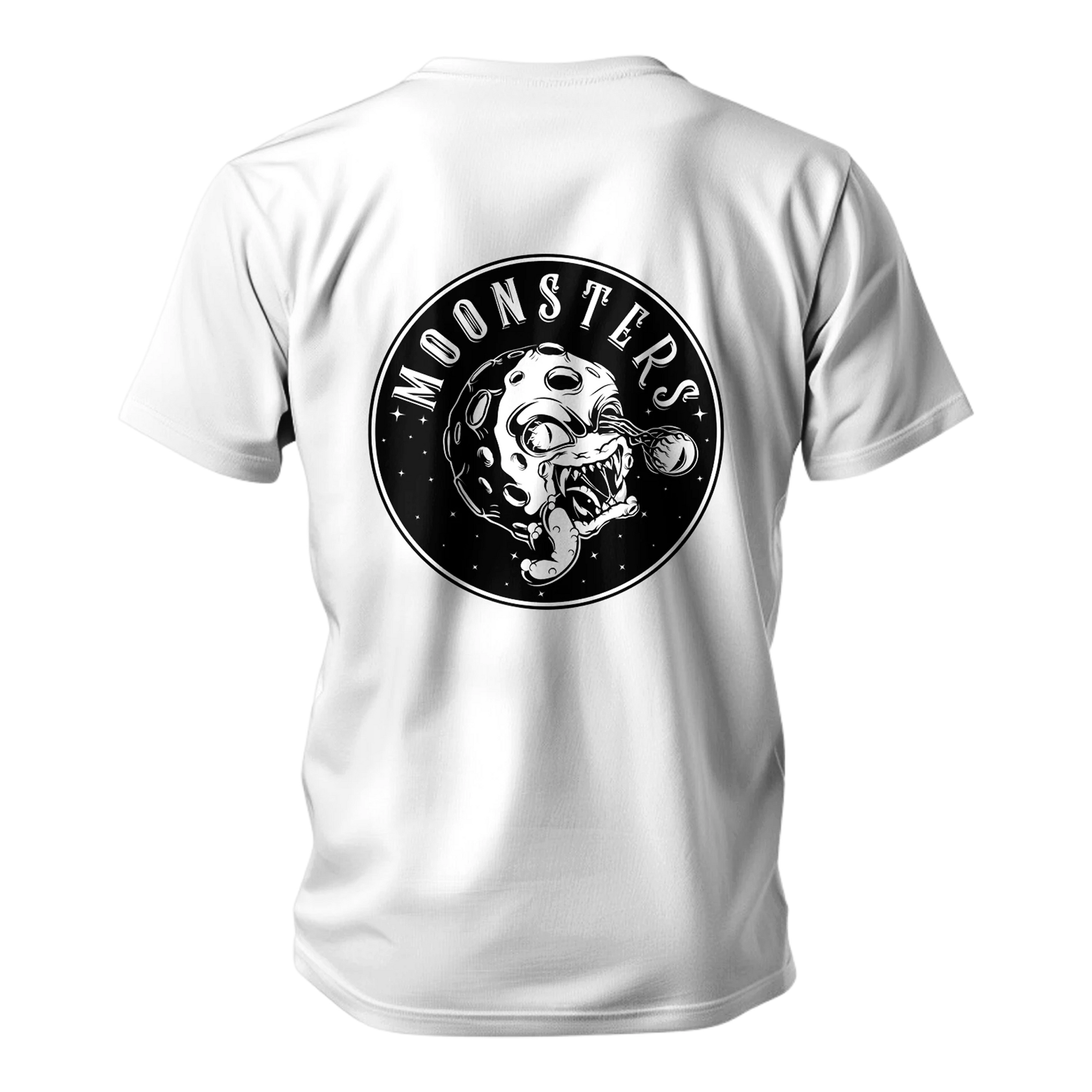 White t-shirt with black circular Moonsters graphic featuring a Moonsters stamp logo design on the back.