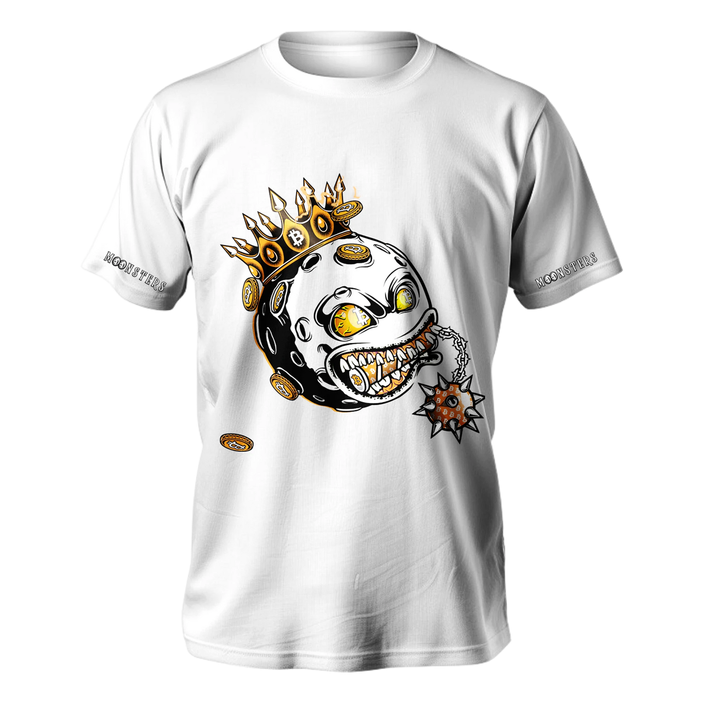 White t-shirt with graphic of a Bitcoin Moonster wearing a Bitcoin crown.