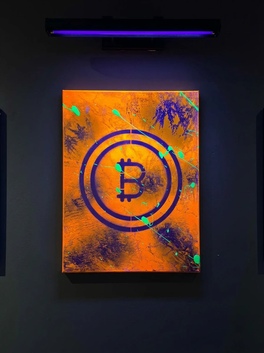 Abstract artwork featuring a bright orange background with purple and green splatter and a central purple Bitcoin symbol.