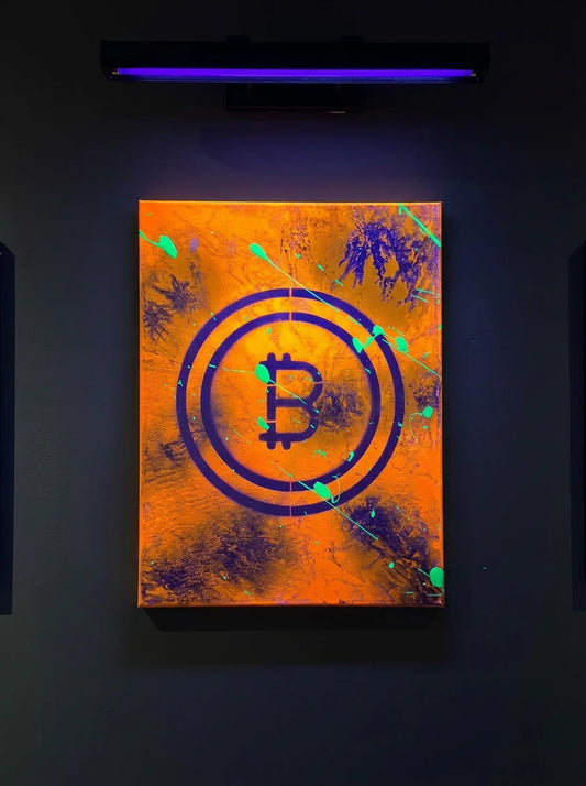 Abstract artwork featuring a bright orange background with purple and green splatter and a central purple Bitcoin symbol.