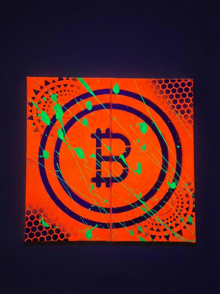 Bright orange diptych artwork featuring a black Bitcoin symbol with layered circular patterns and green paint splatters.