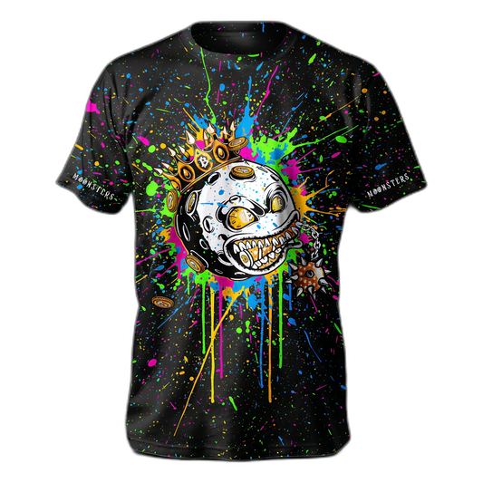 Black short-sleeve shirt with colorful paint splatters and a Bitcoin Moonster on front.