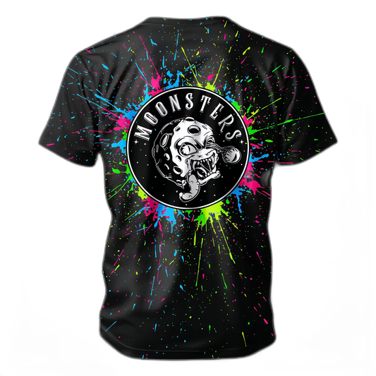 Black short-sleeve T-shirt with colorful neon paint splatters and a circular "Moonsters" logo.