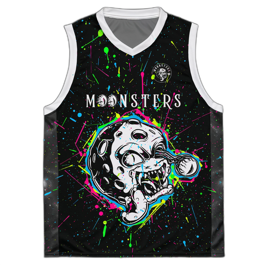 Black sleeveless jersey with white trim, featuring colorful splatter paint and a Moonsters graphic.