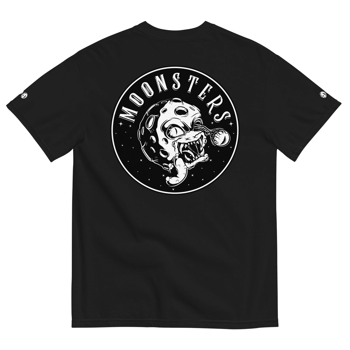 Black Moonsters t-shirt back view with white moonsters logo