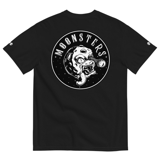 Black Moonsters t-shirt back view with white moonsters logo