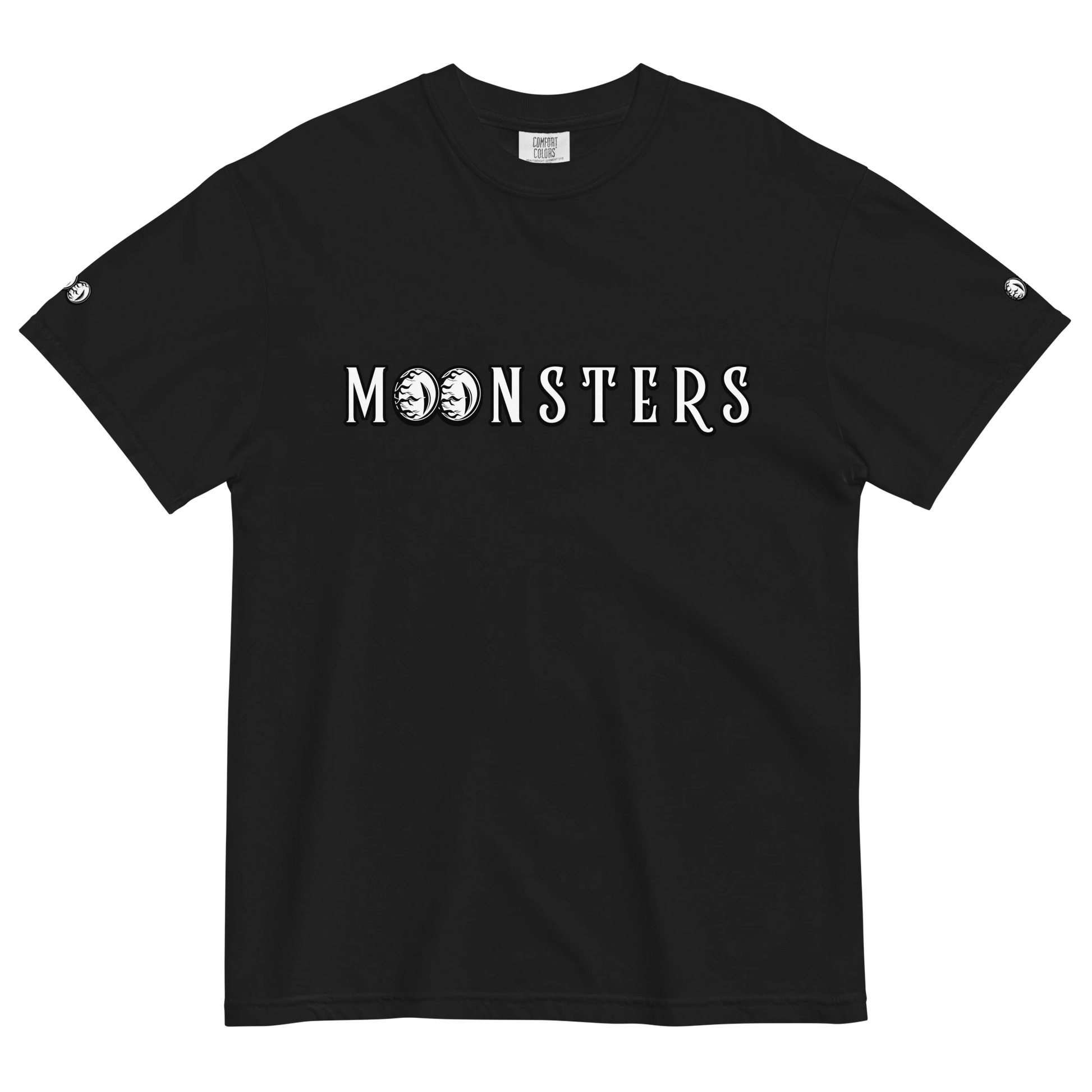 Black Moonsters t-shirt front view with white moonsters text logo