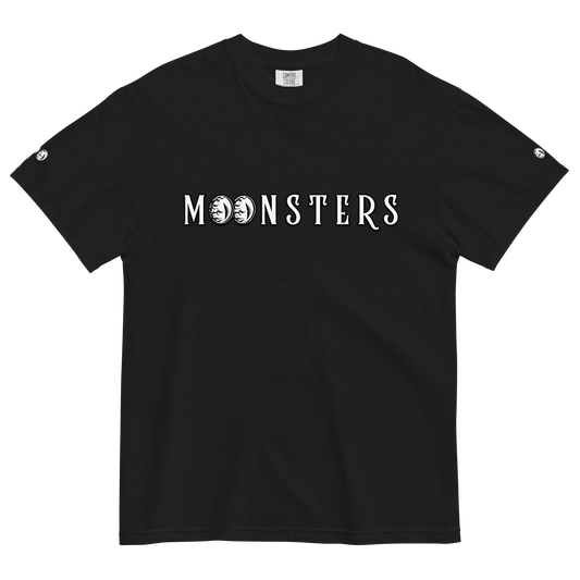 Black Moonsters t-shirt front view with white moonsters text logo