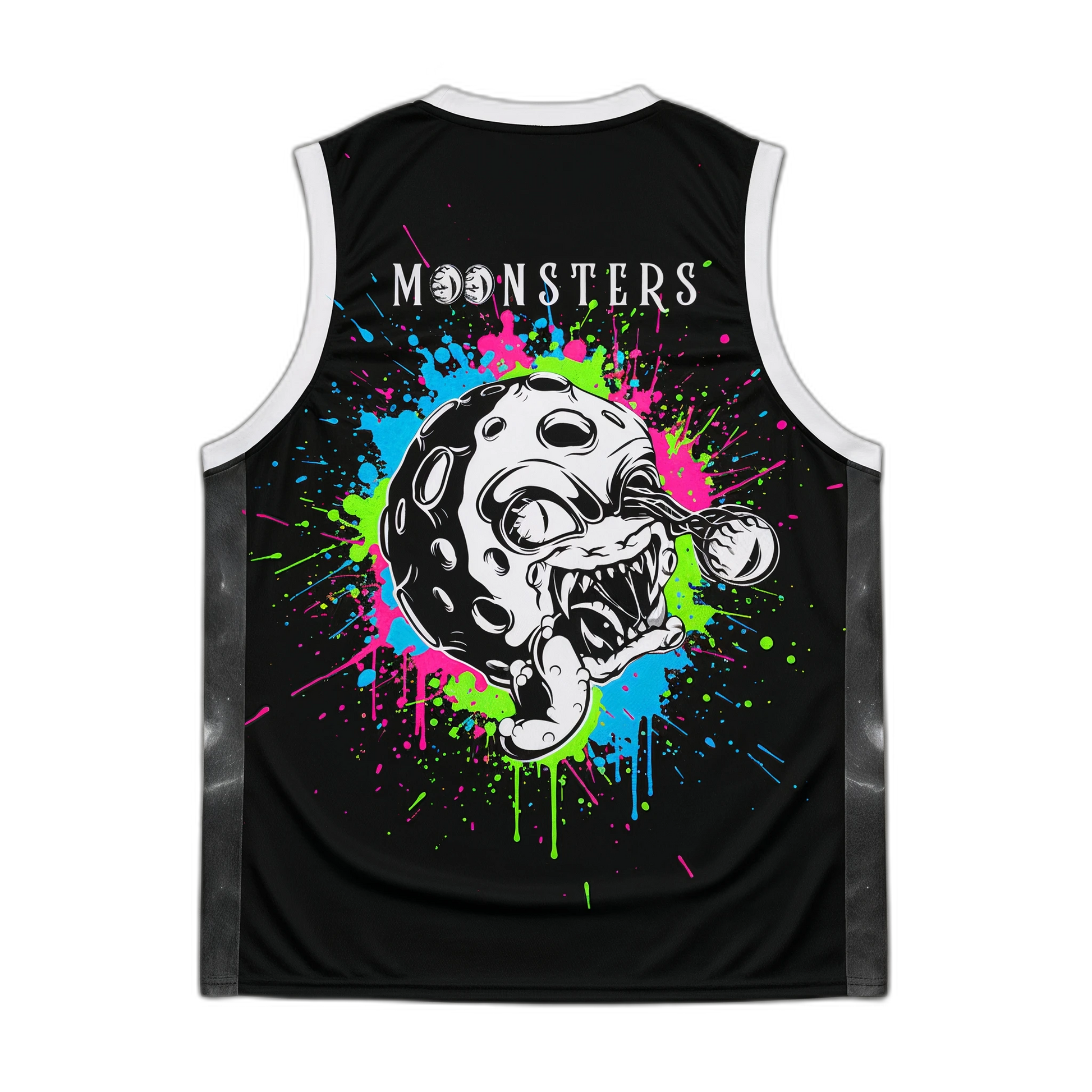Black sleeveless jersey with white trim, colorful splatter, and graphic of a screaming moon and the word "MOONSTERS" on the.
