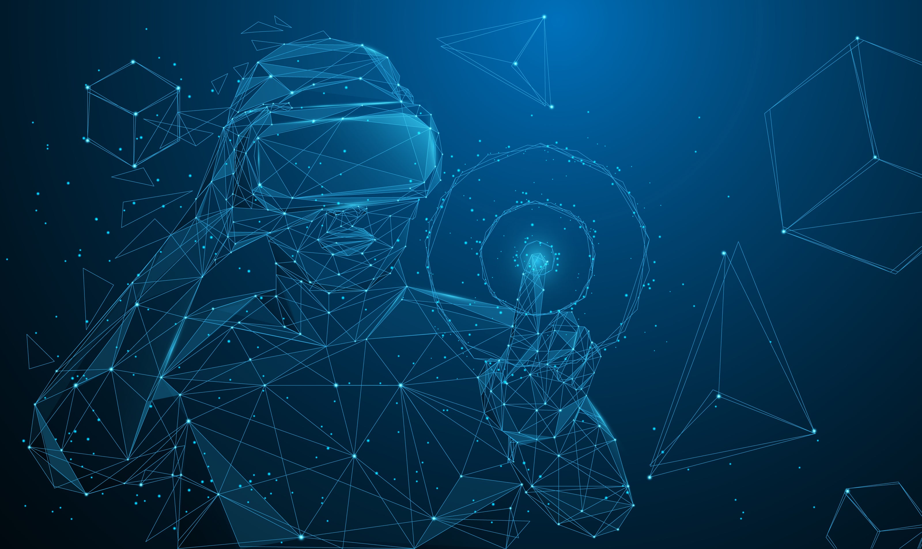 Abstract digital portrait of a person with geometric shapes on a blue background