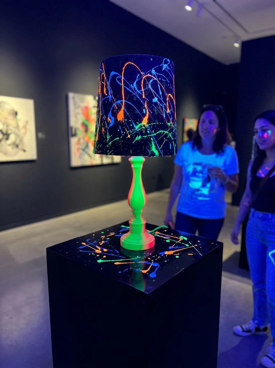 Green and yellow painted candlestick lamp with black lampshade featuring colorful neon paint splatters on illuminated black.