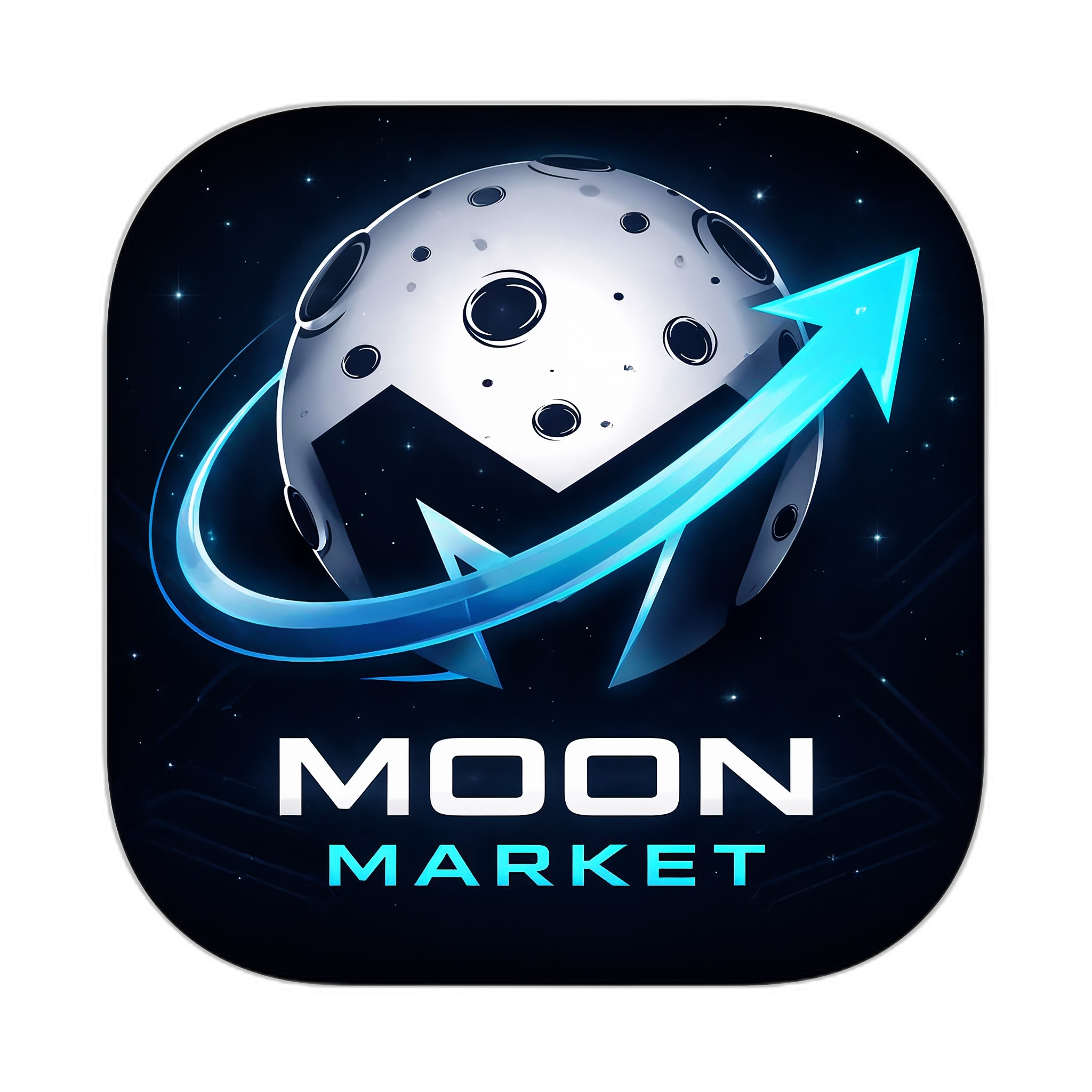 Logo of Moon Market with a moon and arrow design on a dark background