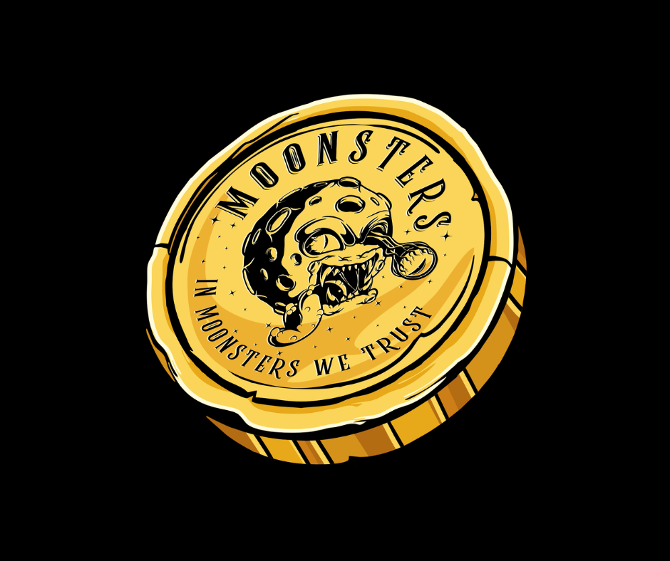 Moon Rocks aka $MROCKS toke with a Moonster design and 'In Monsters We Trust' text on a black background