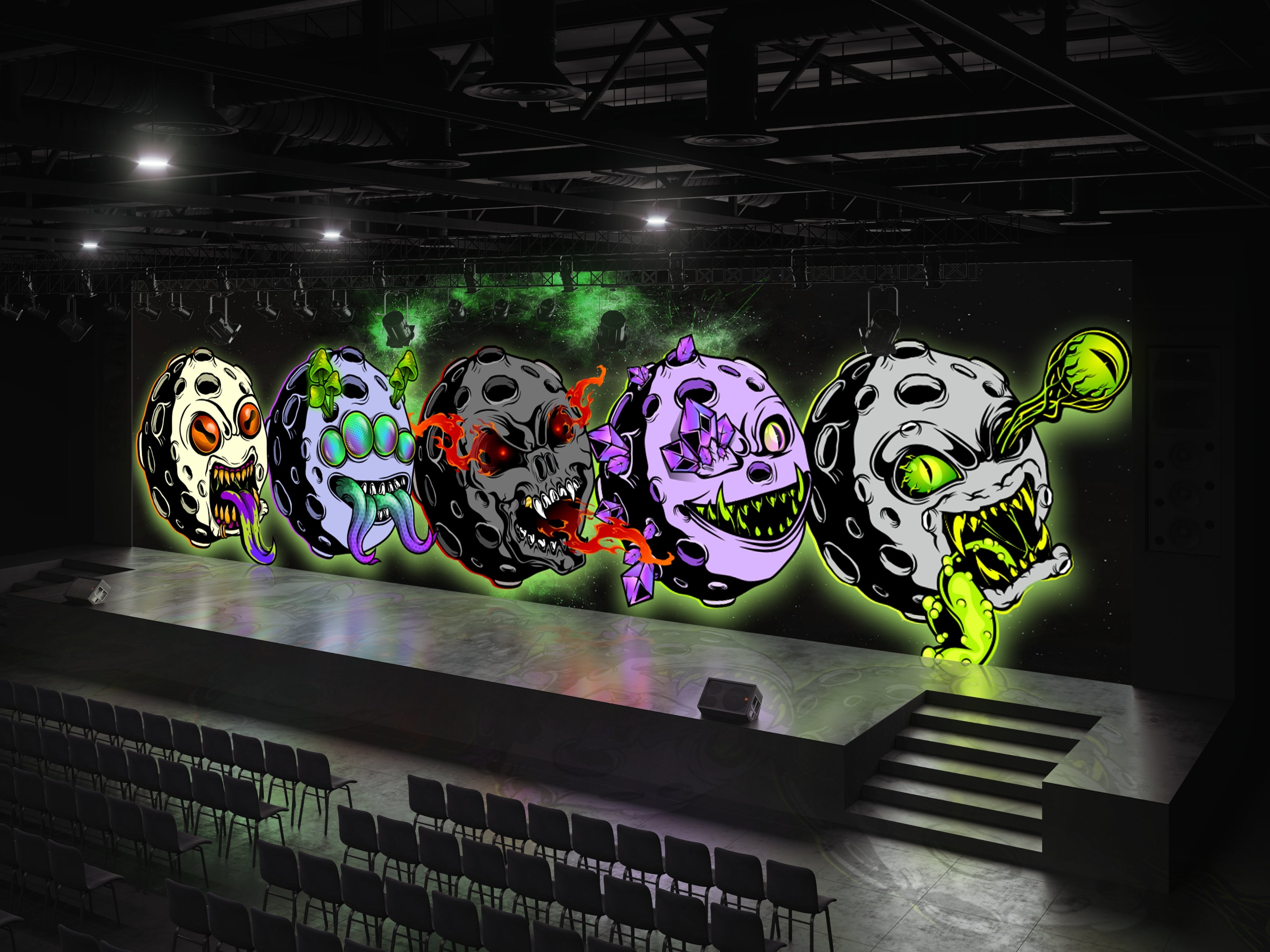 Colorful, Moonsters on a stage with a dark background