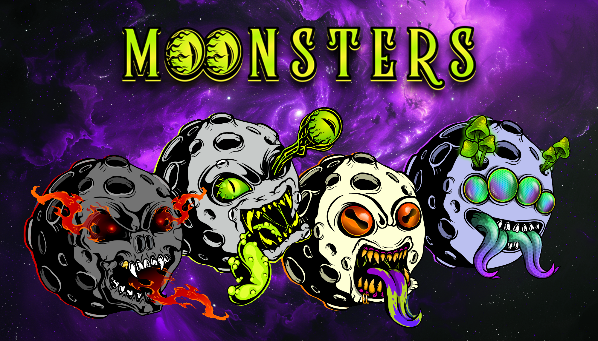 Four colorful Moonsters with the word MOONSTERS above on a purple and black galaxy background.