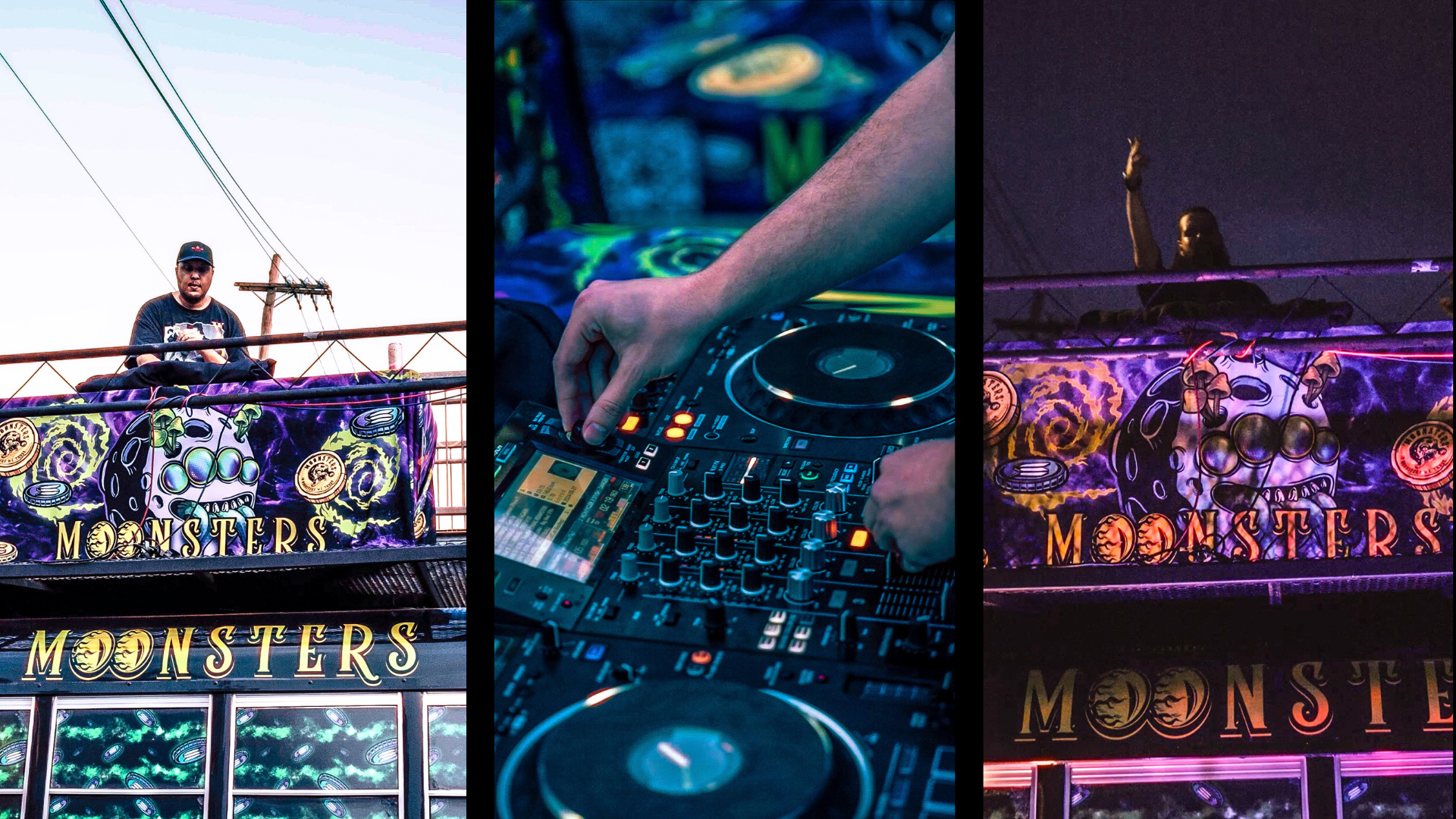 Collage of DJs at a Moonsters Brooklyn NFT NYC concert with equipment and neon signs.