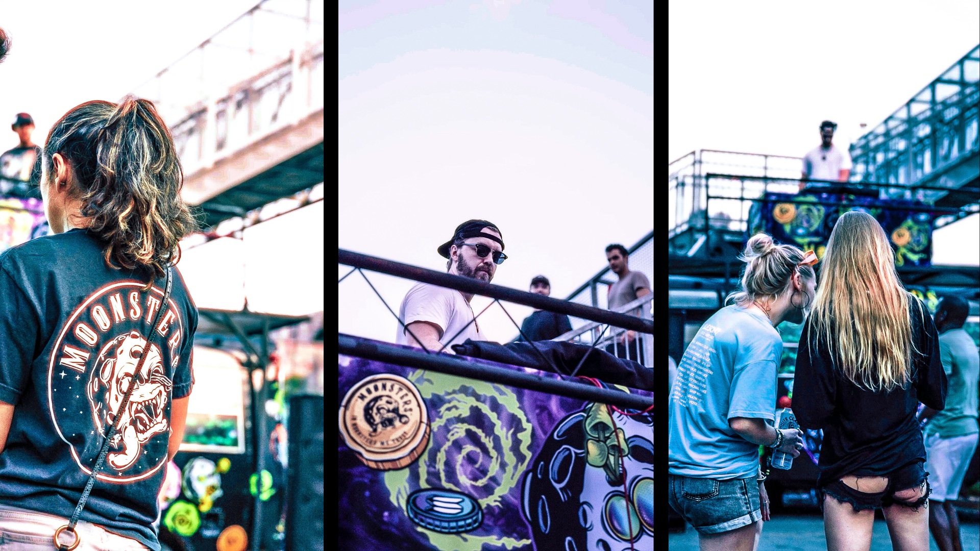 Collage of people at Moonsters Brooklyn NFT NYC music festival with colorful equipment and a clear sky.