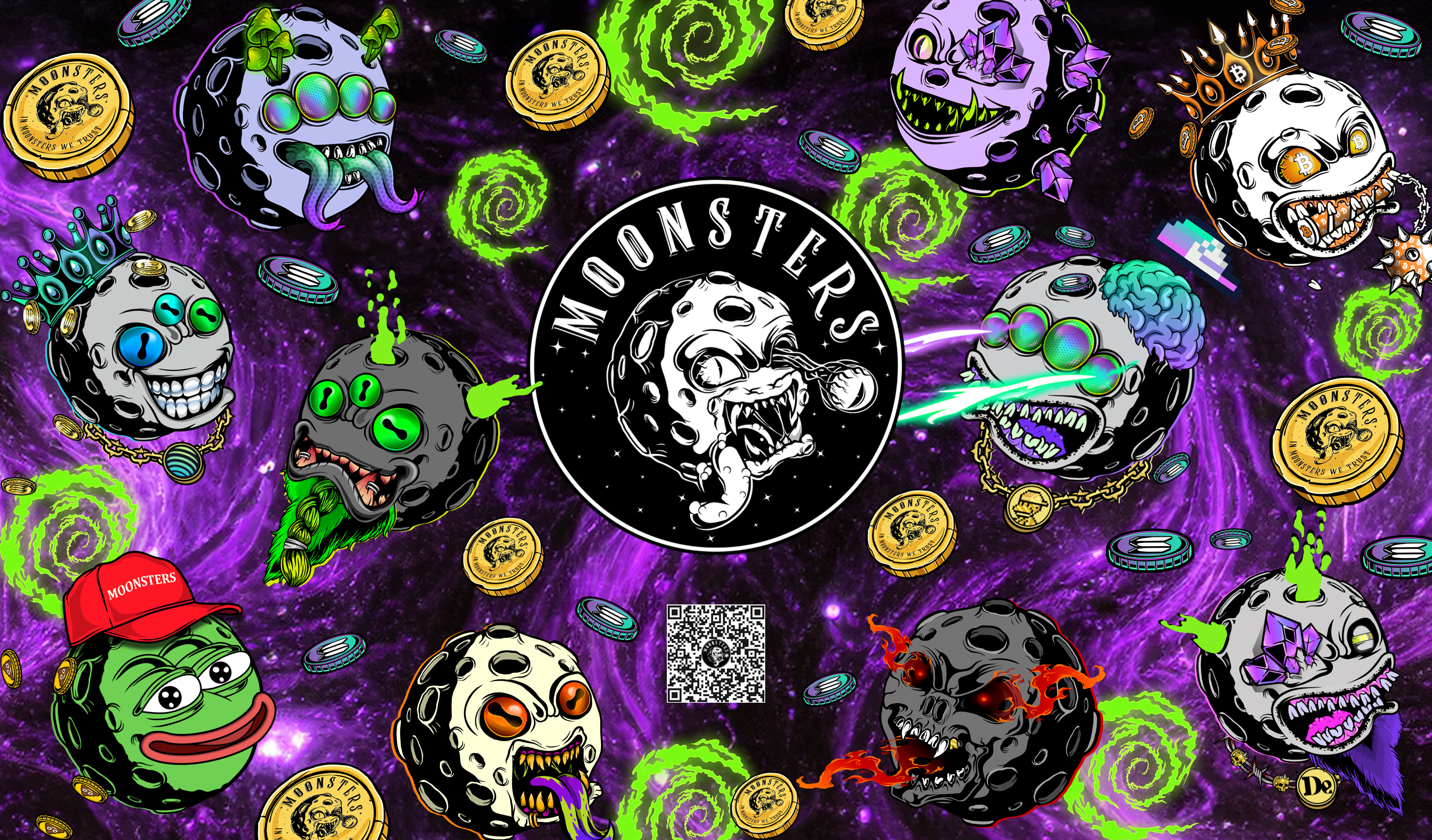 Colorful illustration of various Moonsters with a central 'MOONSTERS' logo on a galaxy background.