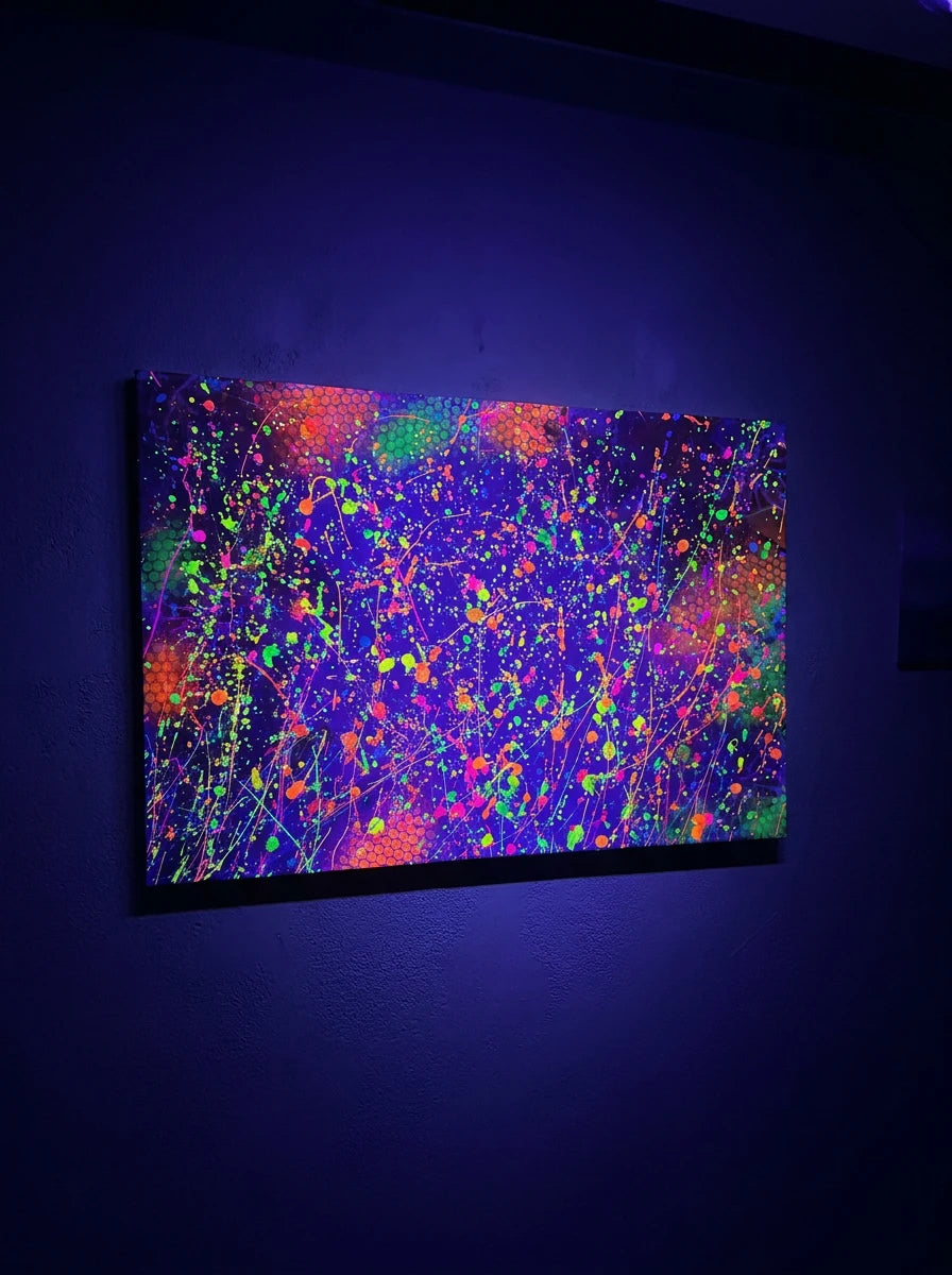 Abstract neon artwork with vibrant splashes of green, orange, and purple on a dark background.