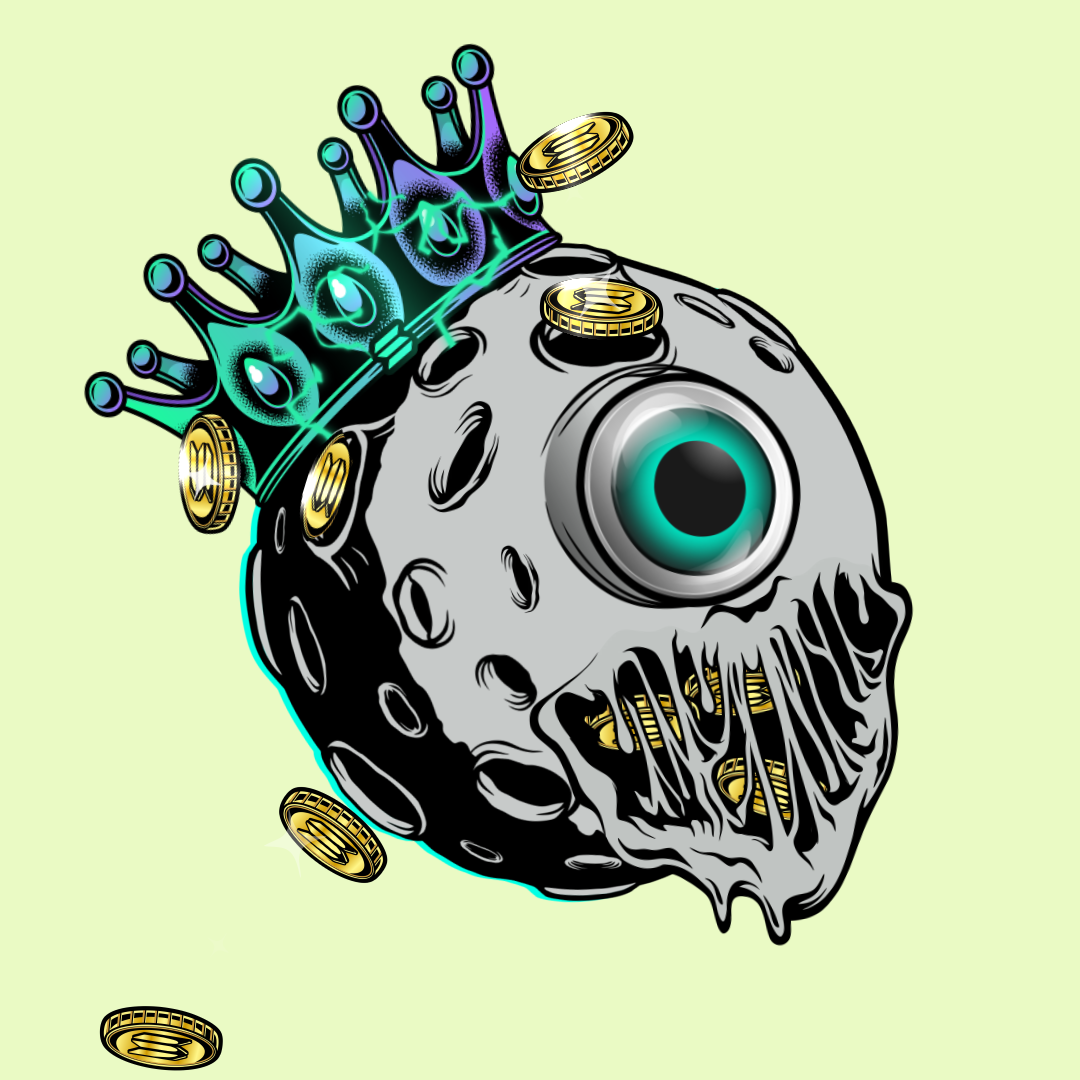 Illustration of a stylized Moonster with a Solana crown and coins on a light green background