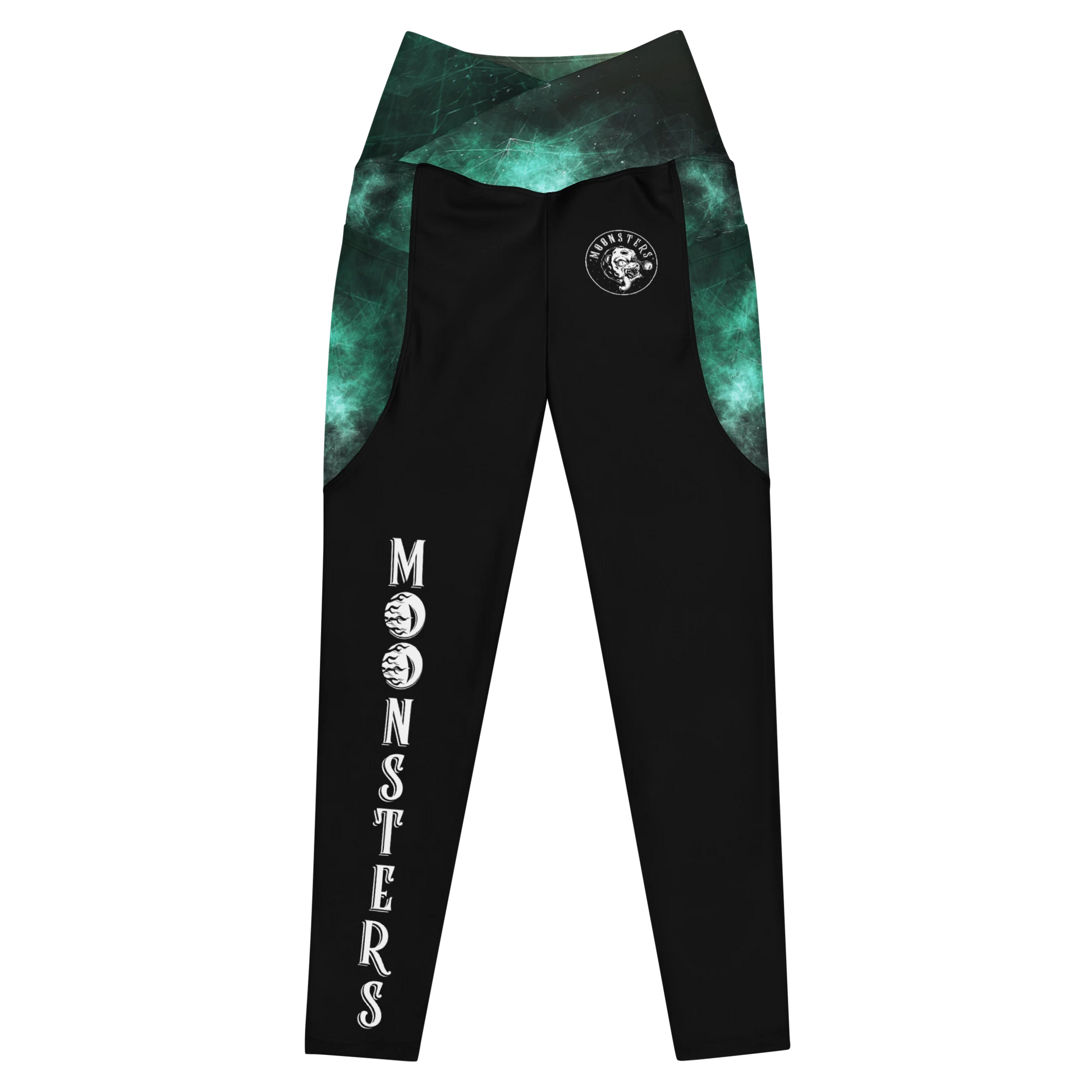 Black leggings with green galaxy print panels and white "MONSTERS" text on one leg.