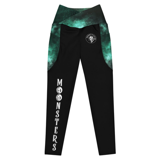 Black leggings with green galaxy print panels and white "MONSTERS" text on one leg.