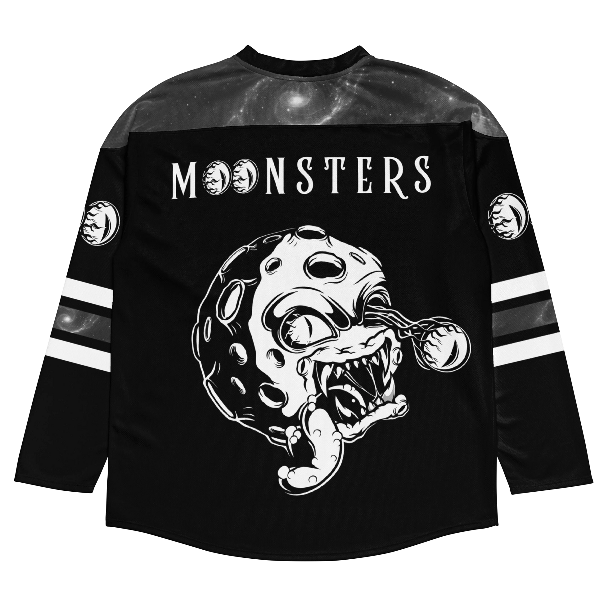 Black hockey jersey with aggressive moon monster graphic, white stripes on sleeves, and "MOONSTERS" text across chest.