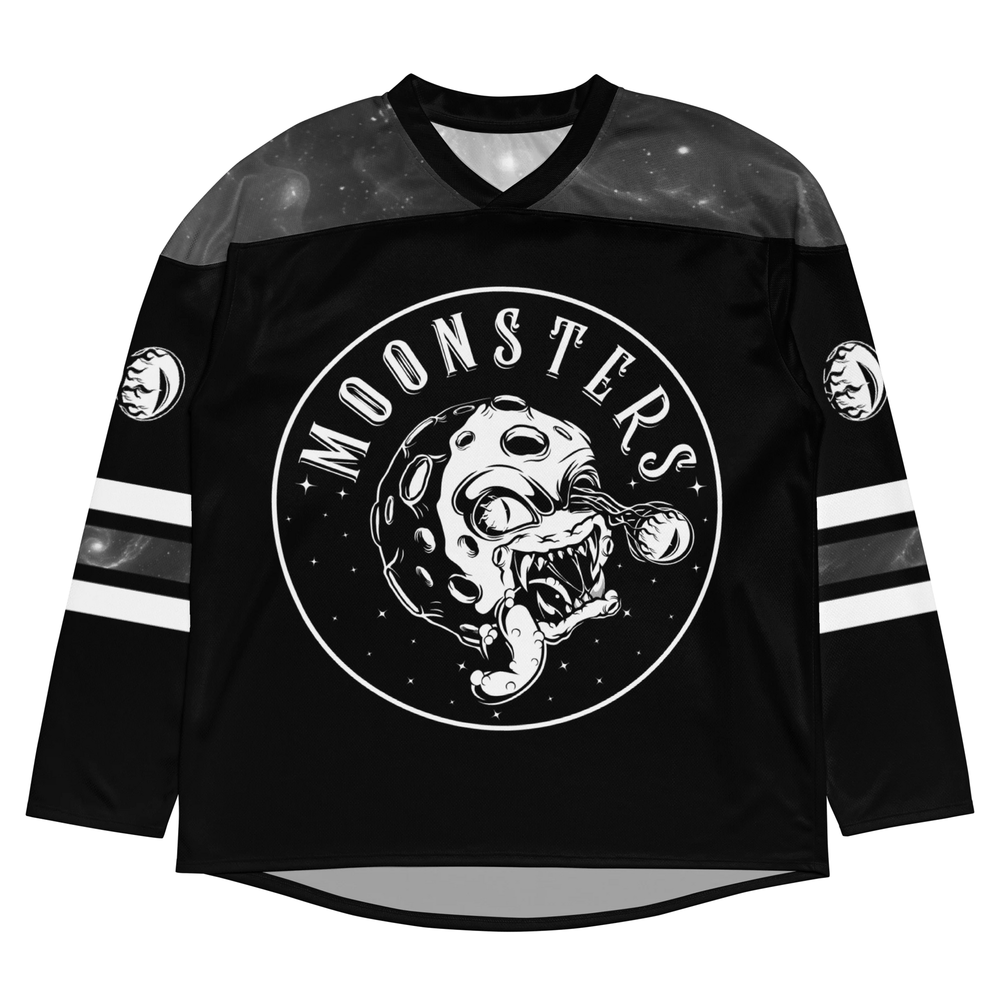 Black hockey jersey with white Moonsters graphic, white stripes on sleeves, and mesh yoke panel.