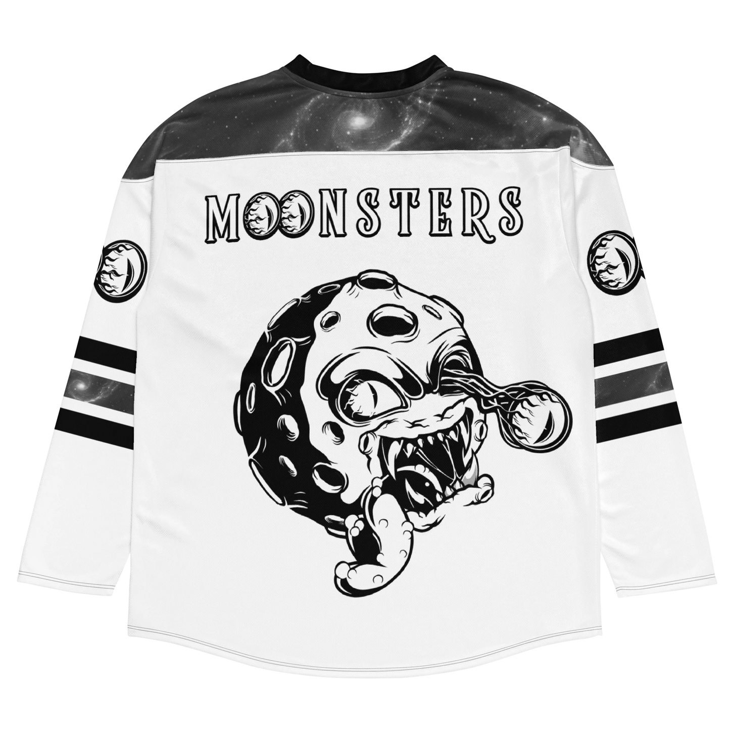 White hockey jersey with black collar, black stripes on sleeves, and black "Moonsters" text and Moonsters graphic on back.