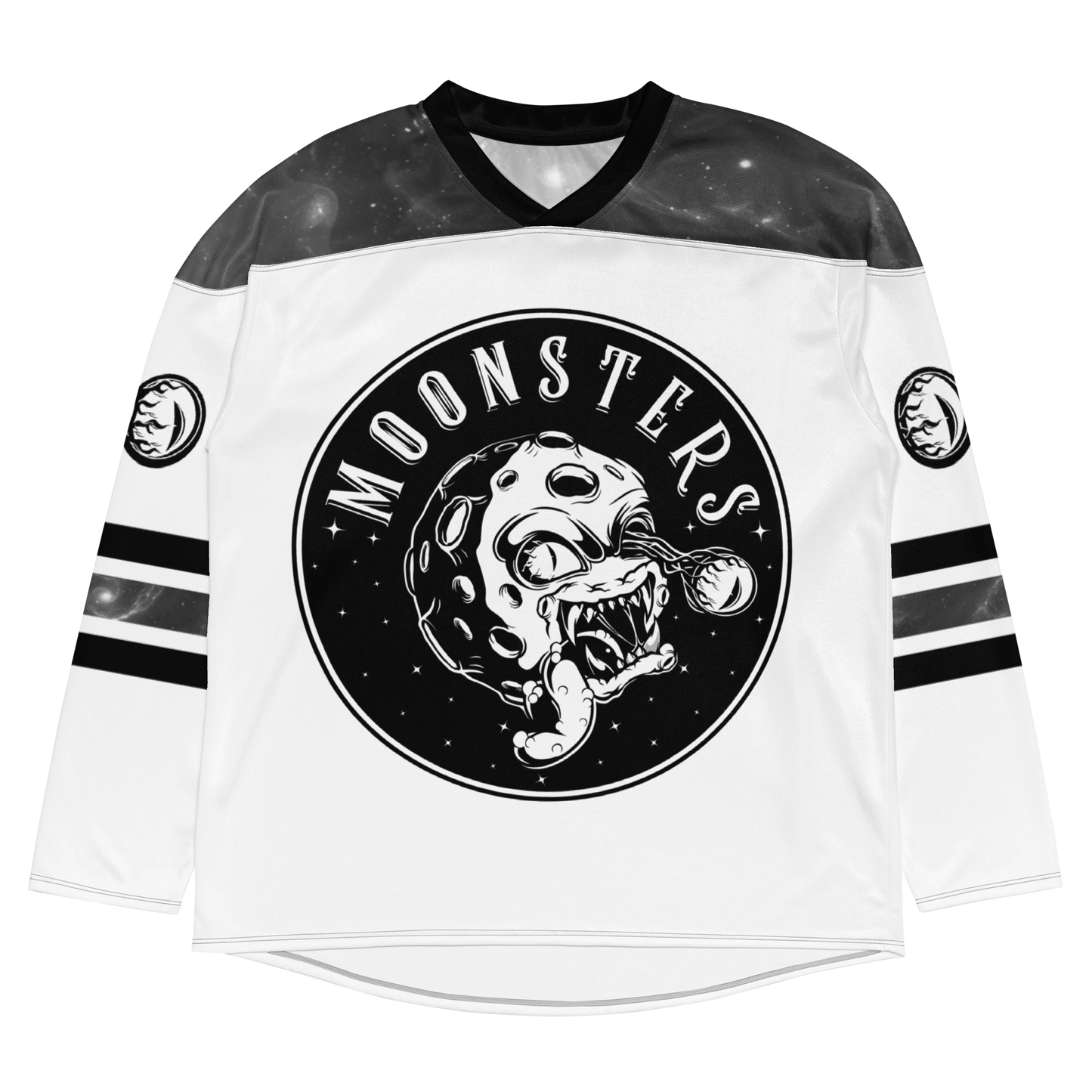 White hockey jersey with black shoulders, black stripes on sleeves, and a black circular "Moonsters" logo featuring a moon.