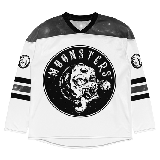 White hockey jersey with black shoulders, black stripes on sleeves, and a black circular "Moonsters" logo featuring a moon.
