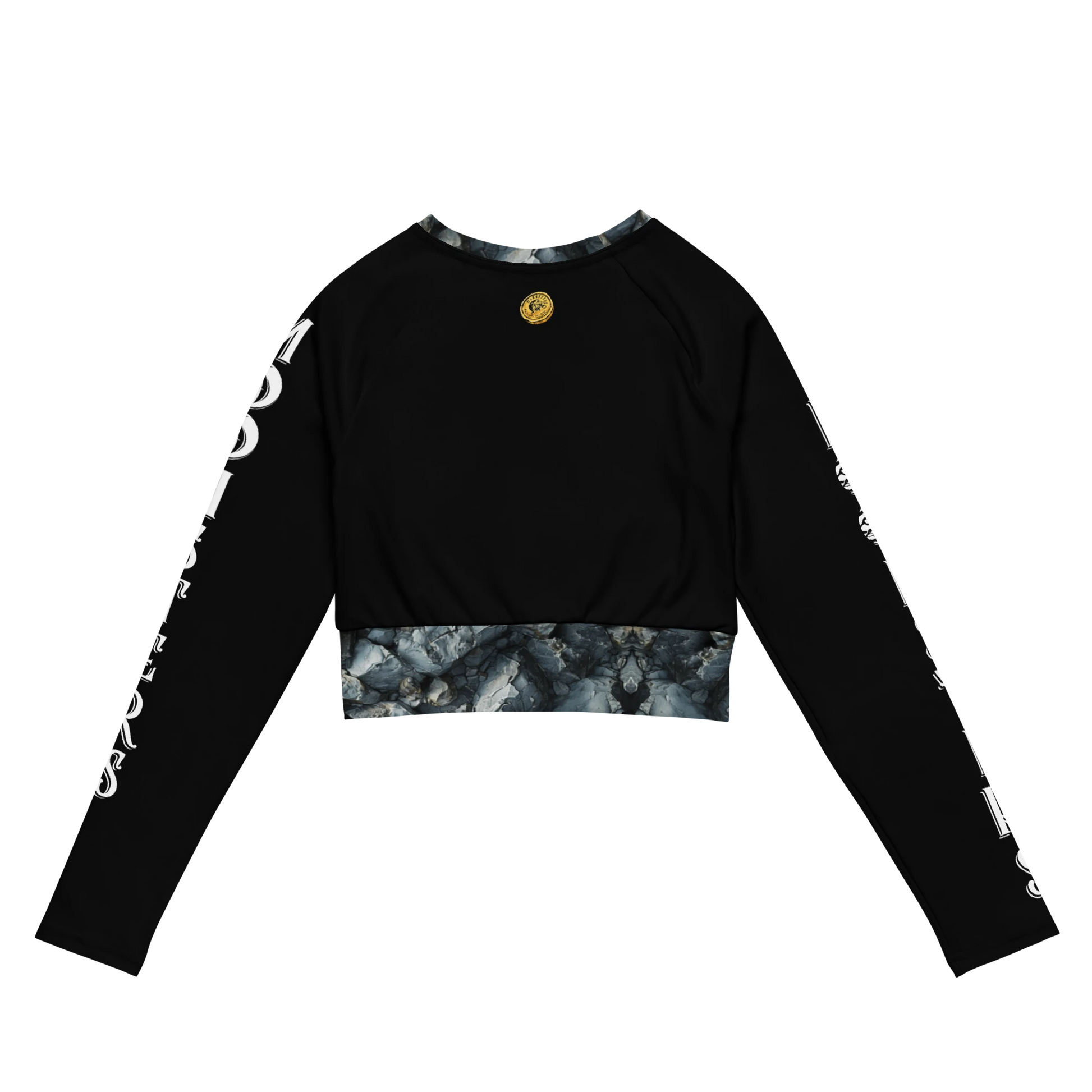 Black long sleeve crop top with white text on sleeves and marbled trim at hem and neckline.