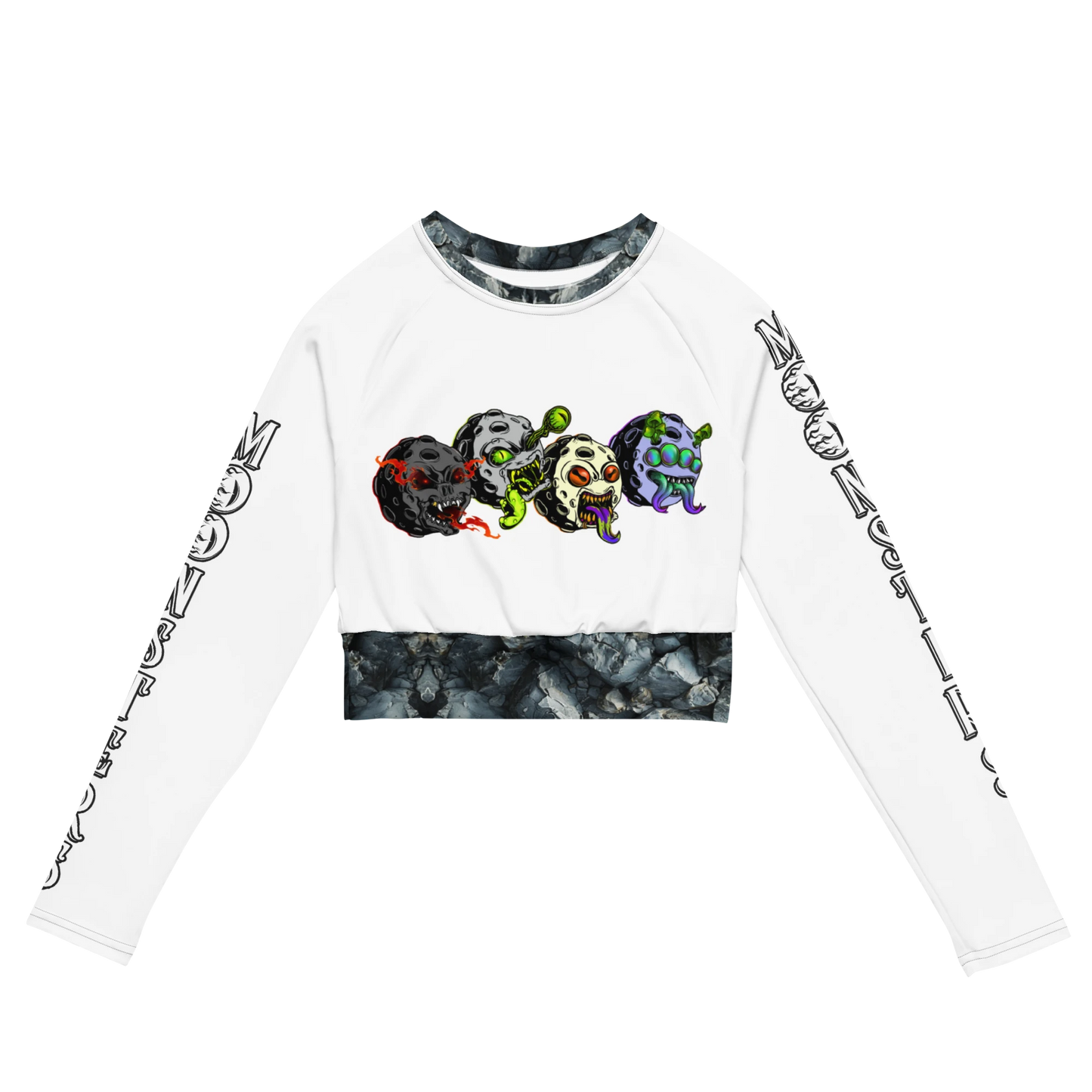 White long sleeve crop top with tie-dye black cuffs and hem, colorful Moonsters graphic on front, black text on sleeves.