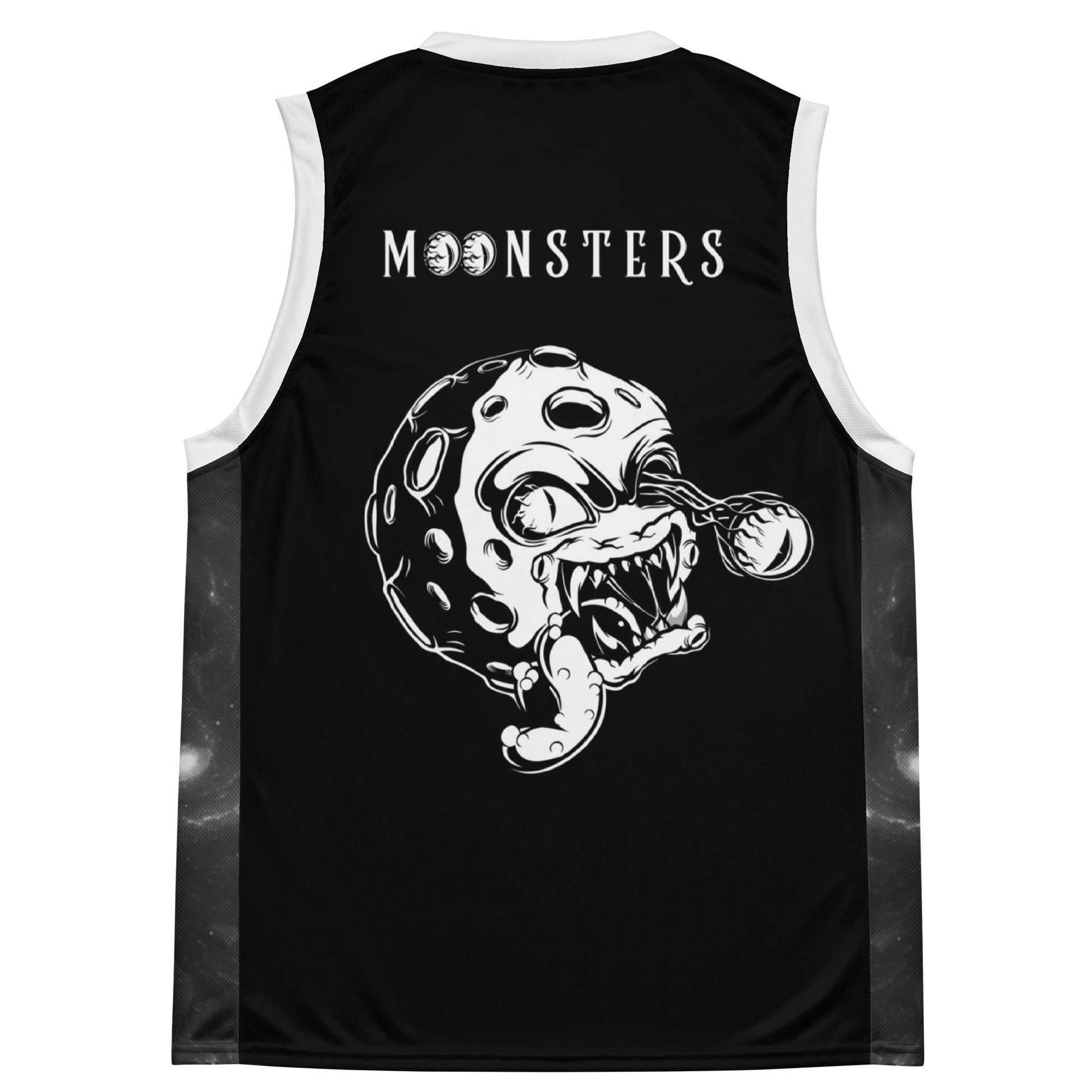 Black basketball jersey with white trim, featuring a white graphic of a snarling moon creature and "MOONSTERS" text on the.