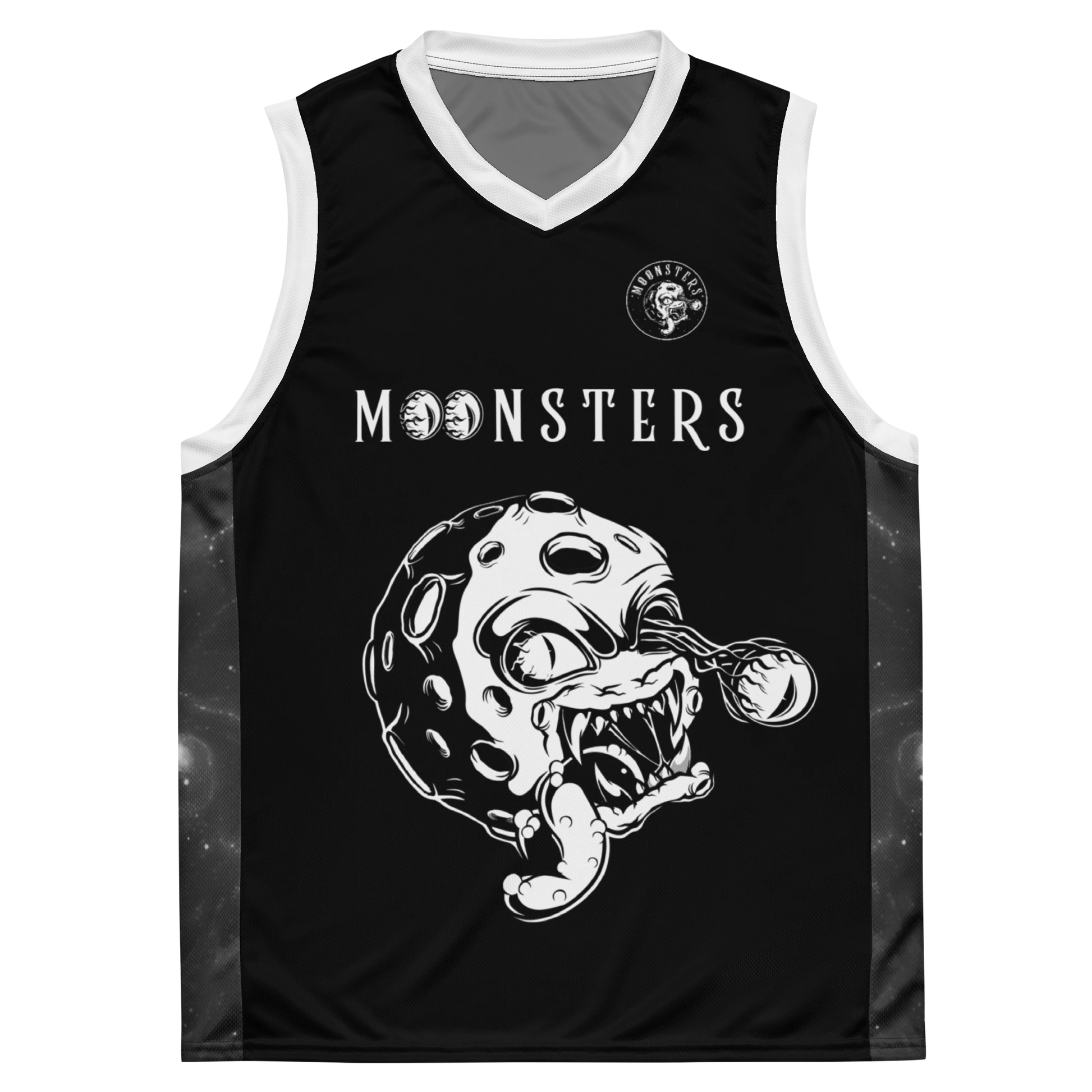Black basketball jersey with white trim, featuring a fierce moon monster graphic and "MOONSTERS" text on front.