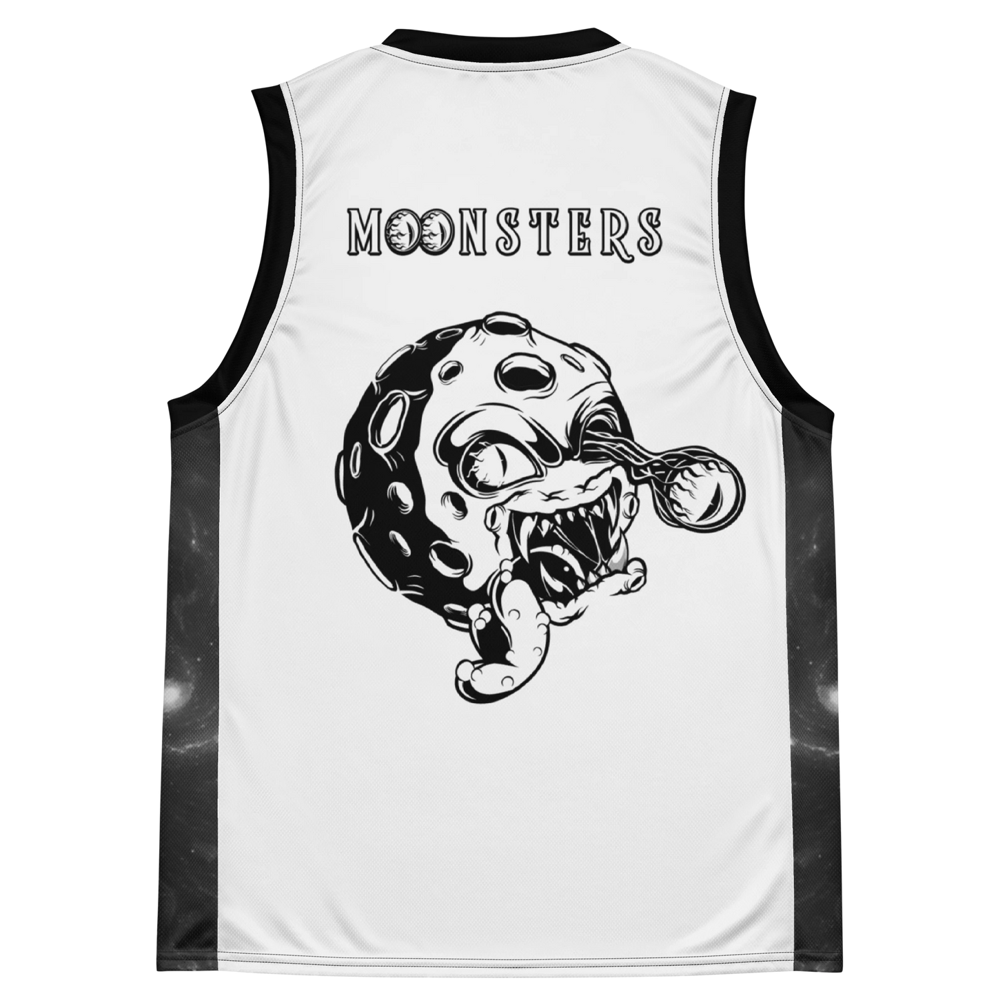White basketball jersey with black trim featuring a black graphic of a cartoonish moon monster and "MOONSTERS" text on the.