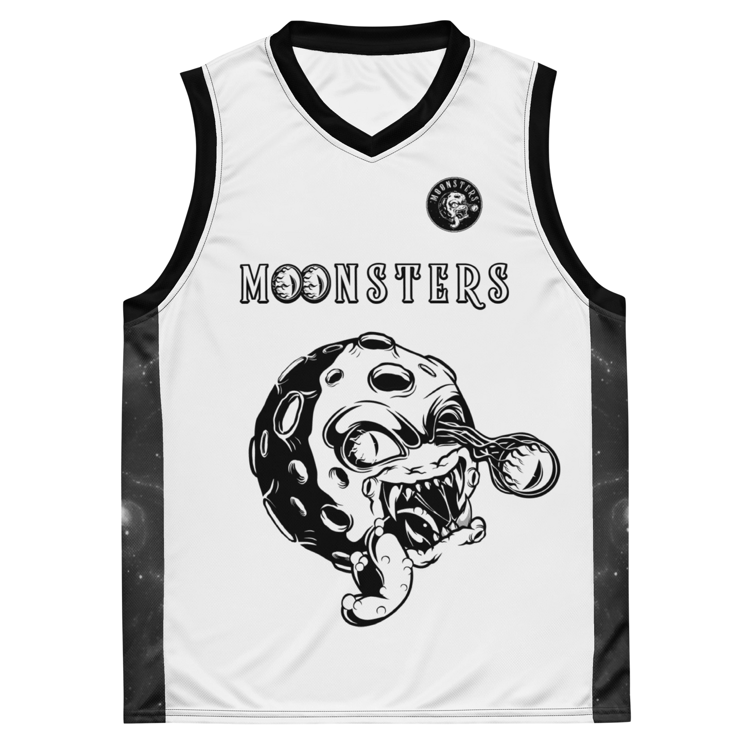 White basketball jersey with black trim, featuring "MOONSTERS" text and a graphic of a monstrous moon face on the front.