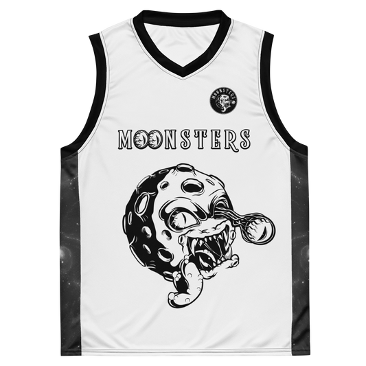 White basketball jersey with black trim, featuring "MOONSTERS" text and a graphic of a monstrous moon face on the front.