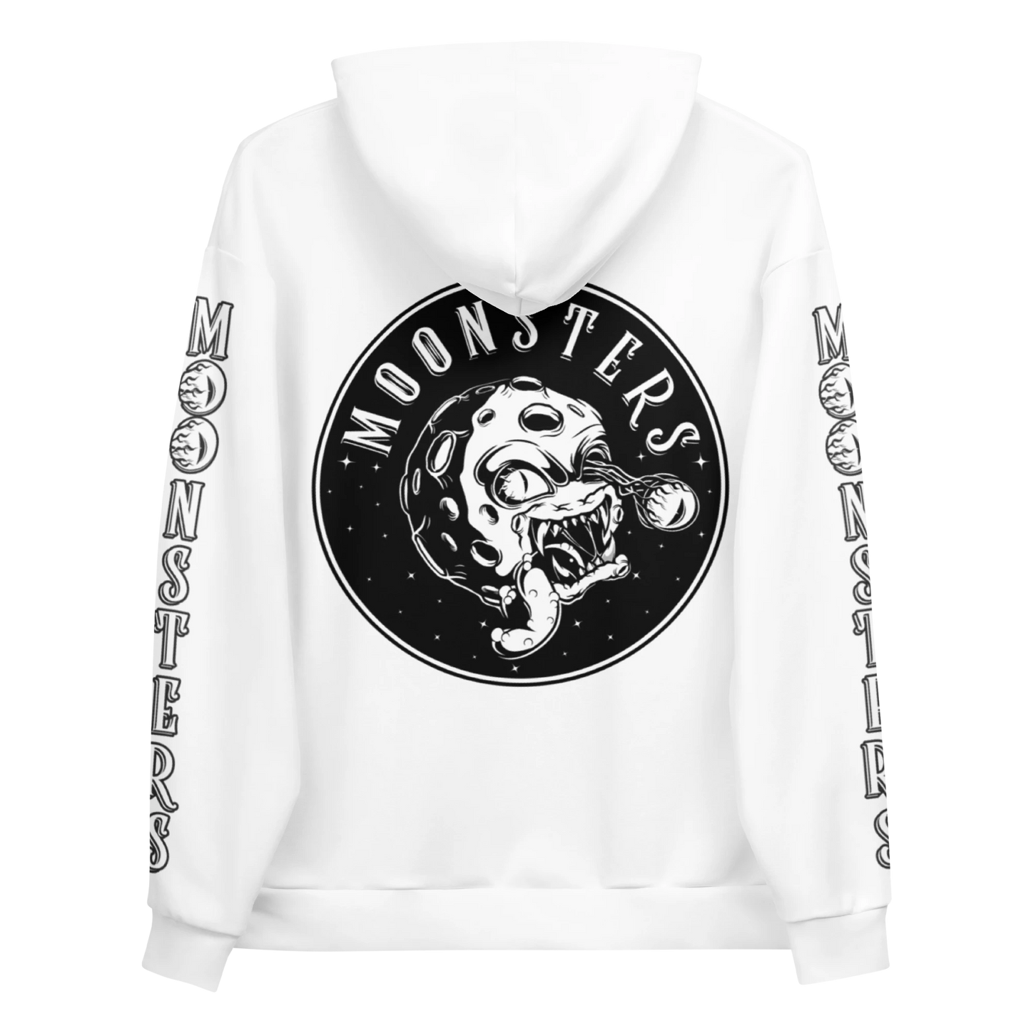 White hoodie with large black "Moonsters" graphic and astronaut skull on the back, matching text on sleeves.