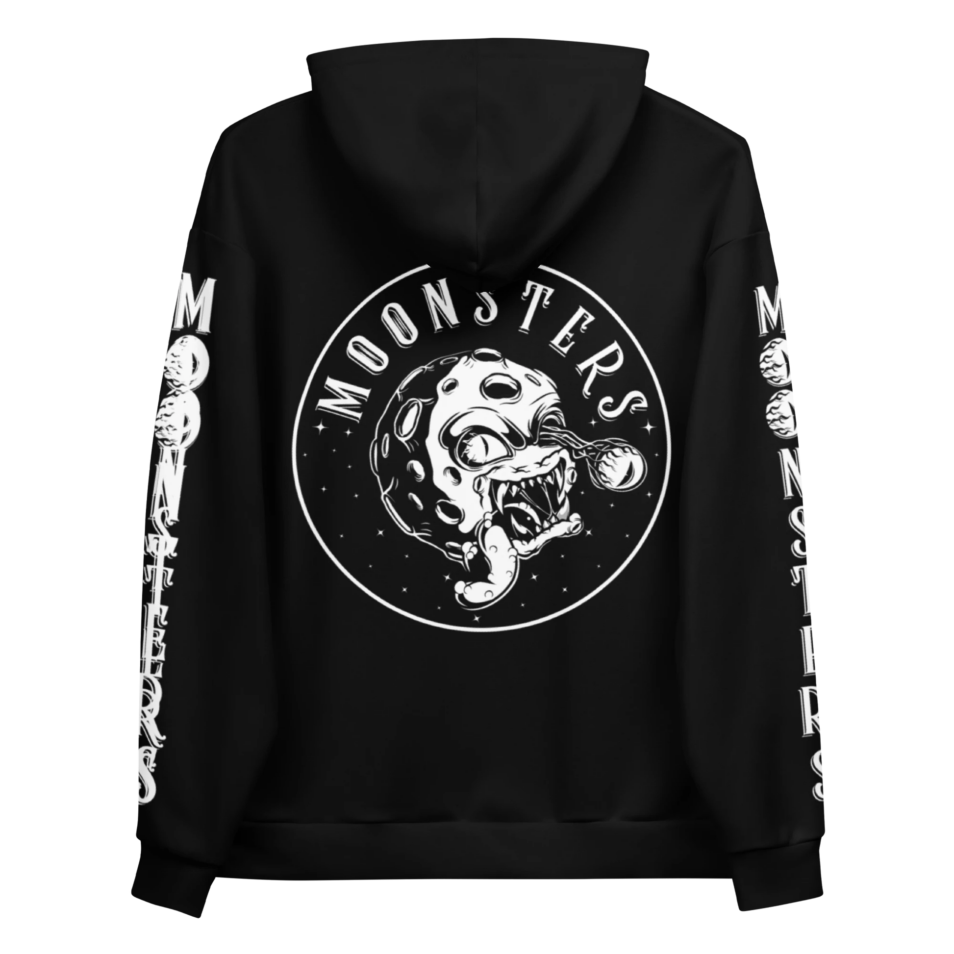 Black hoodie with a white graphic of a skull-faced astronaut and moon on the back; "MOONSTERS" text on back and sleeves.