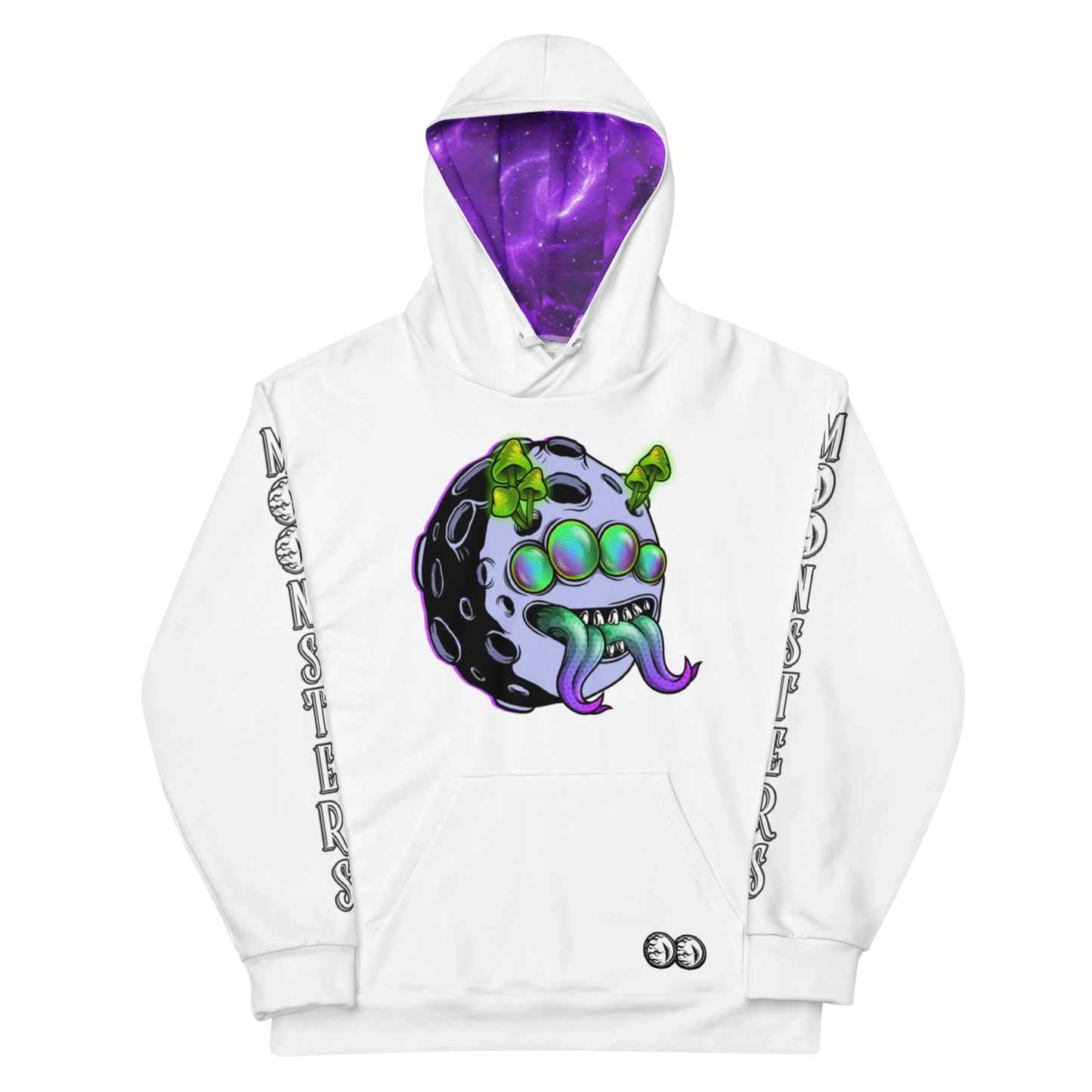 White hoodie with graphic of a green monster emerging from a purple and black moon on the chest and "MONSTERS" text on both.